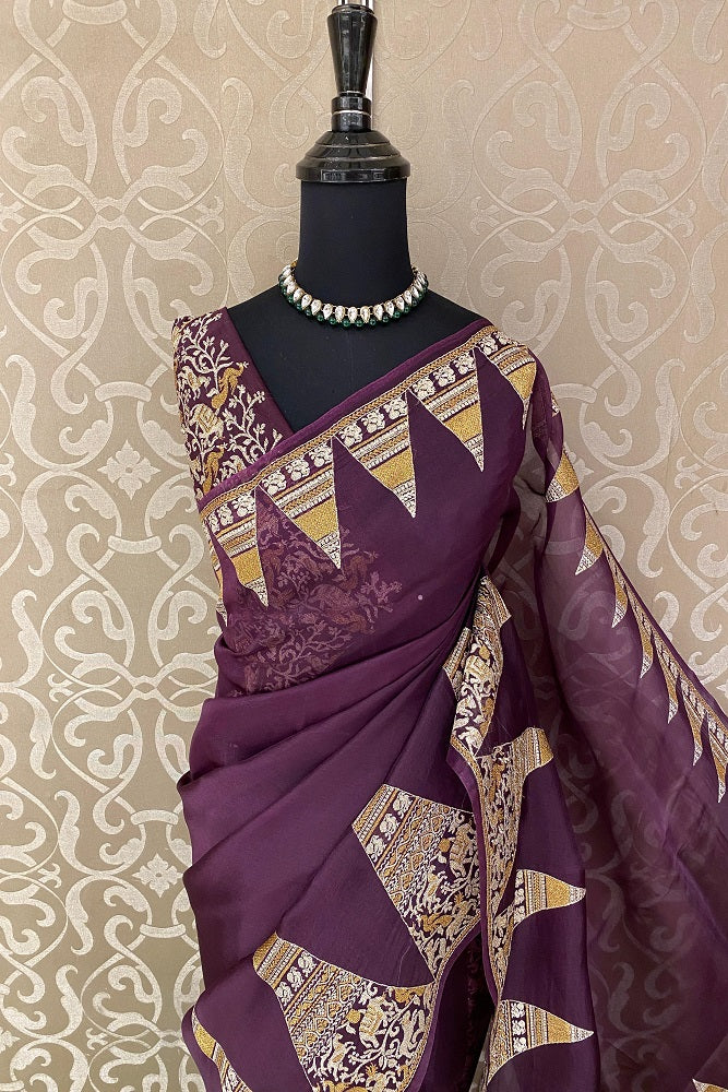 Deep Purple Organza Printed Saree With Pita Zari Border, With Unstiched Blouse