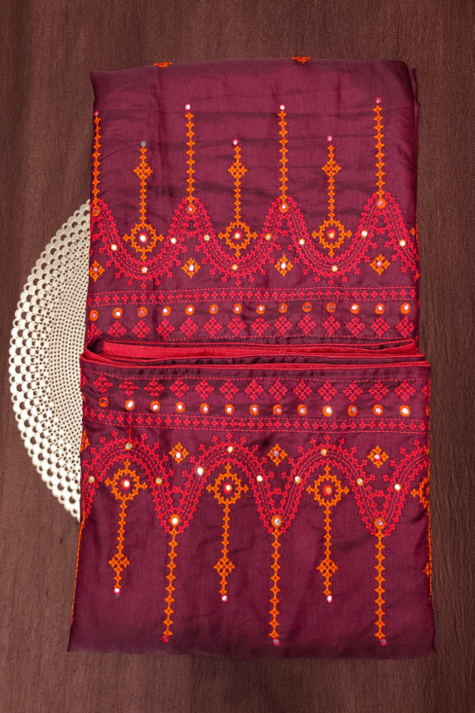 Deep Purple Semi Munga Silk Cutch Work Embroidery Work Saree, With Unstiched Blouse