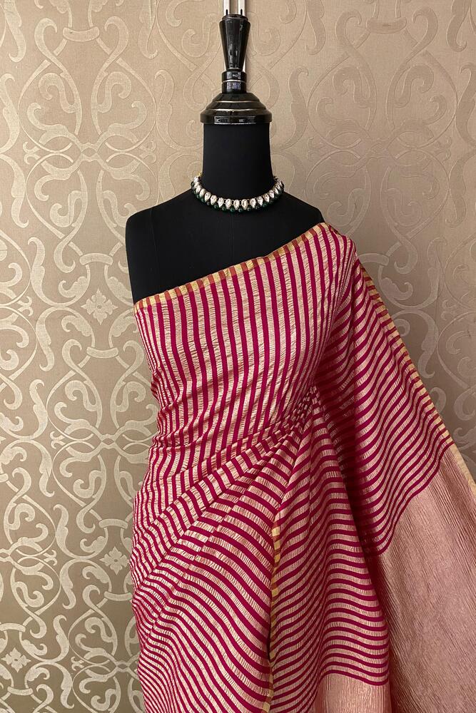 Red Zari Stripe Munga Borderless Saree, With Unstiched Blouse