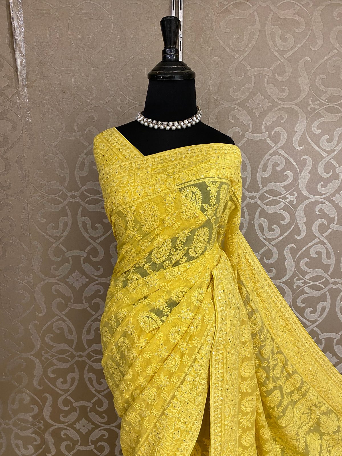 Yellow Georgette Chikankari Embroidery Saree, With Unstitched Blouse