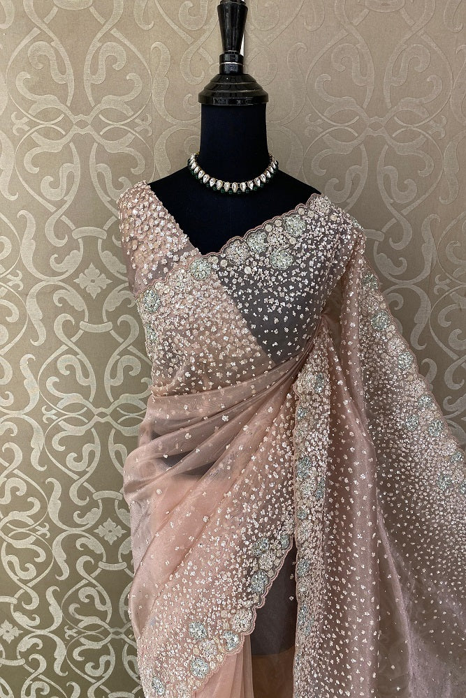 Peach Organza Silk Saree With Sequence Work, With Unstiched Blouse