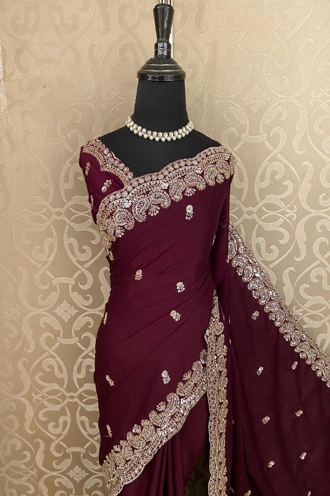 Wine Georgette Embroidery Work Saree, With Unstiched Blouse