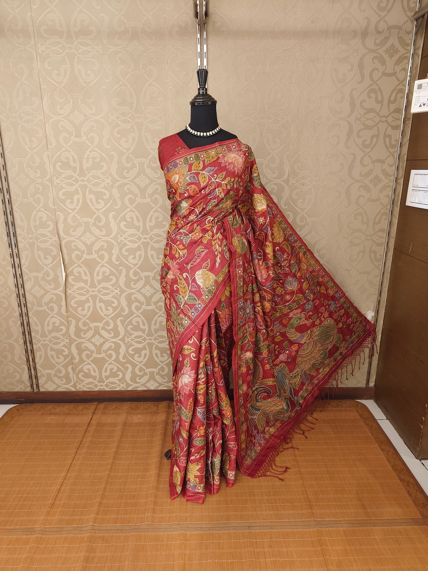 Maroon Tussar Kalamkari Printed Work Saree, With Unstiched Blouse