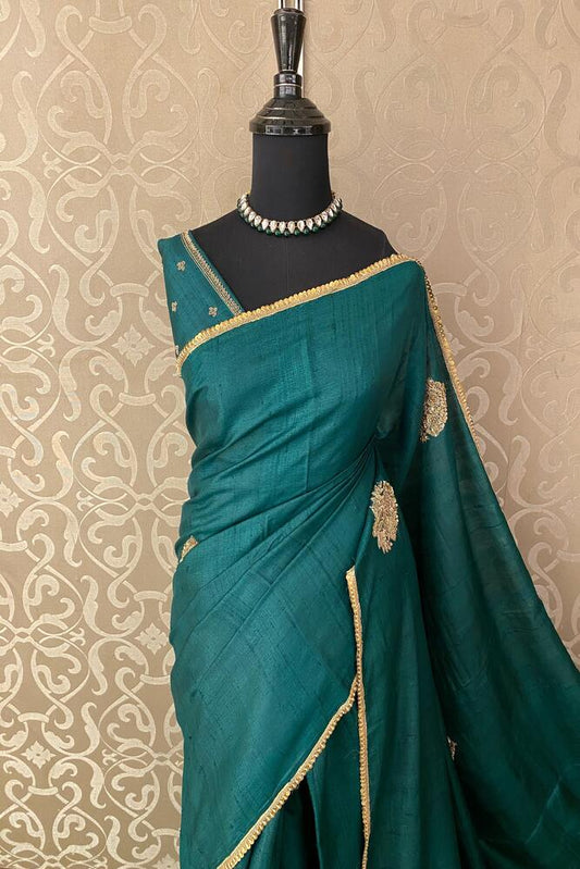 Bottle Green Tussar Zardosi Work Saree, With Unstiched Blouse