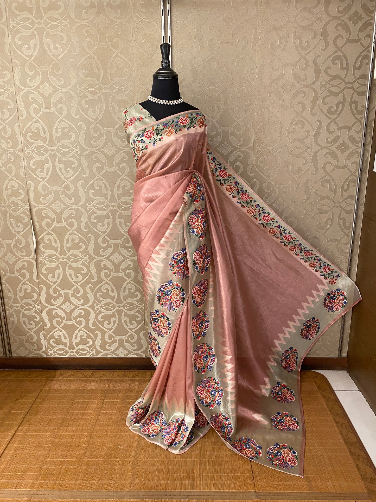 Peach Tissue Embroidery Saree, With Unstiched Blouse