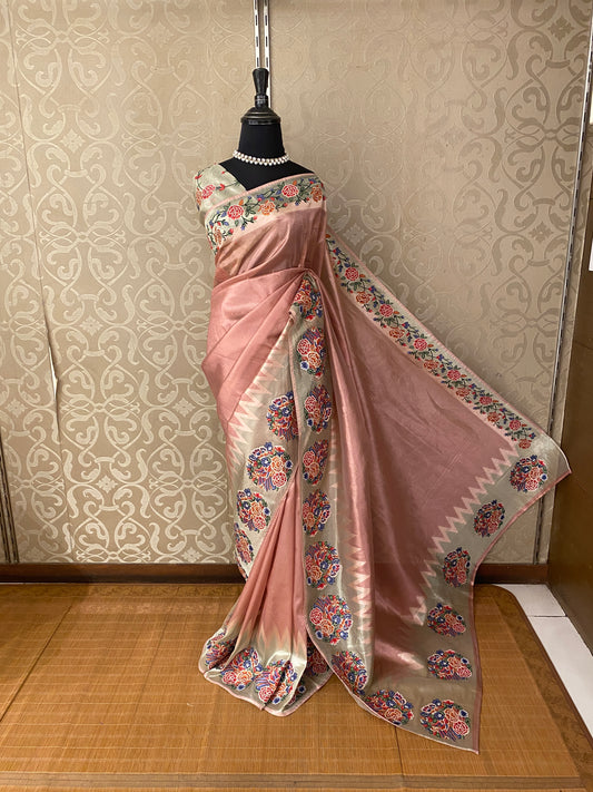 Peach Tissue Embroidery Saree, With Unstiched Blouse