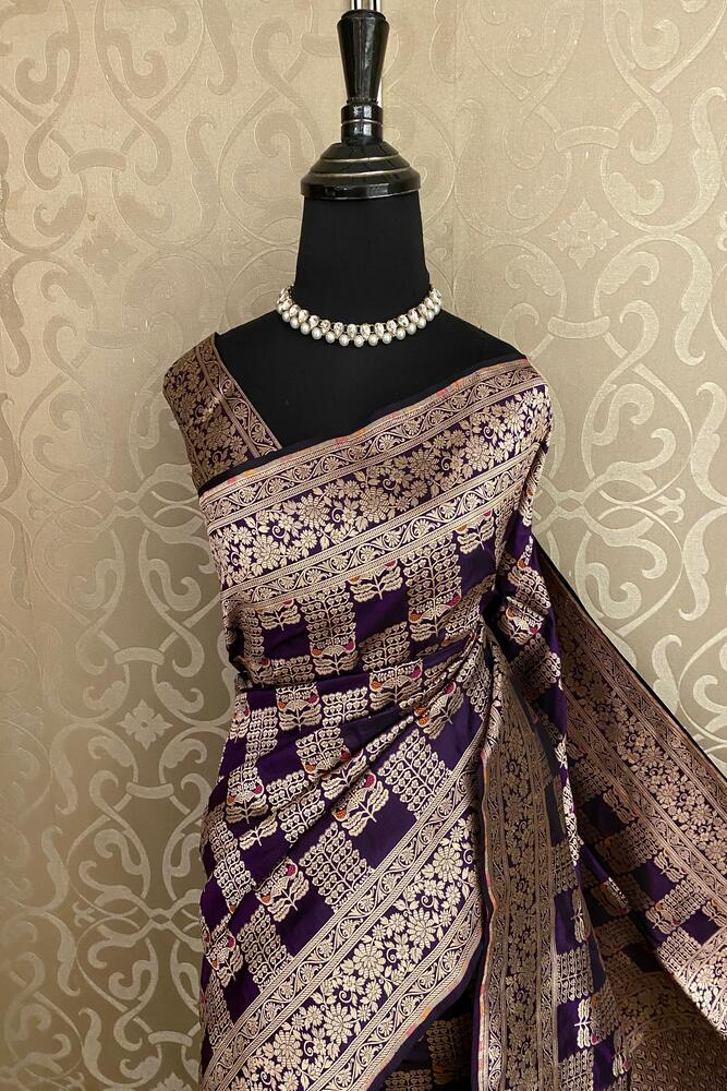 Purple Uppada Banarasi Silk Saree, With Unstiched Blouse
