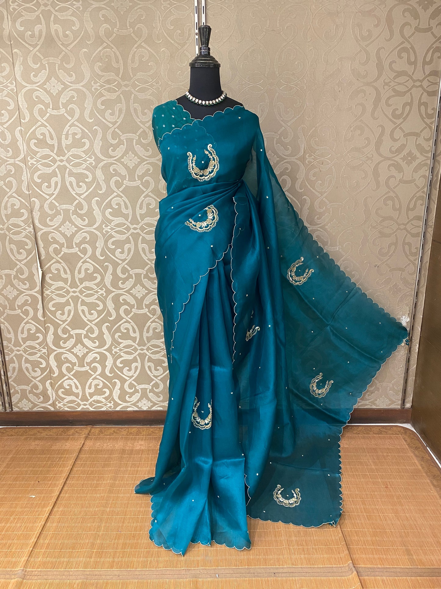 Teal Green Organza Saree With Ari Work, With Unstitched Blouse