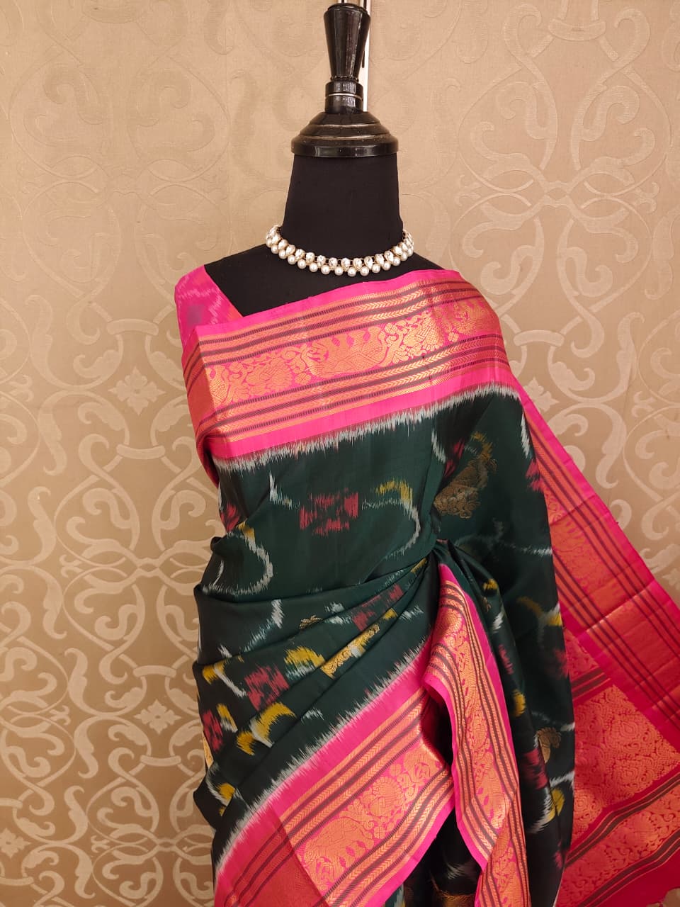 Dark Green Pure Ikat Kanjeevaram Silk Saree, With Unstiched Blouse
