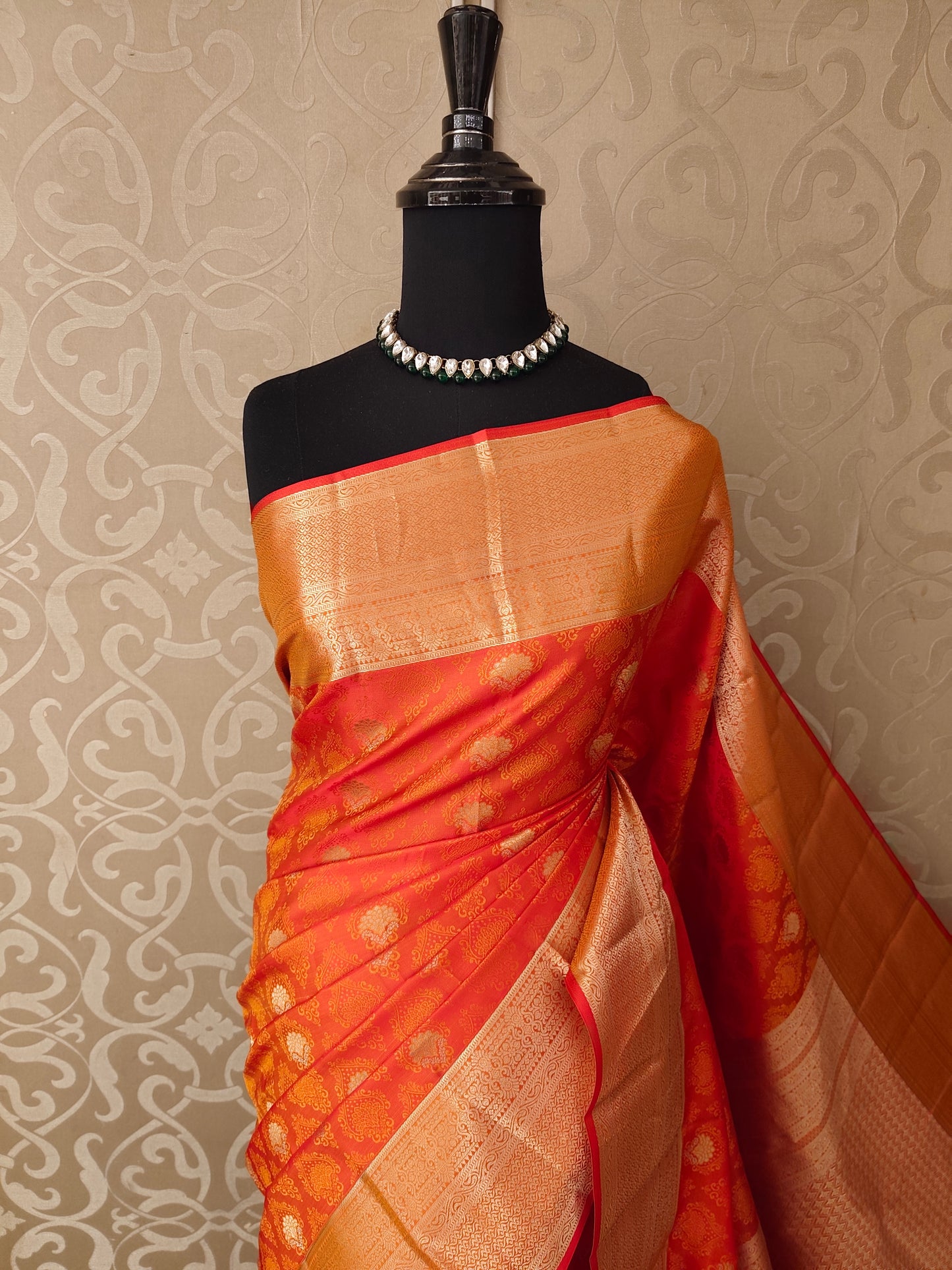 Orange Pure Kanjeevaram Silk Saree, With Unstiched Blouse