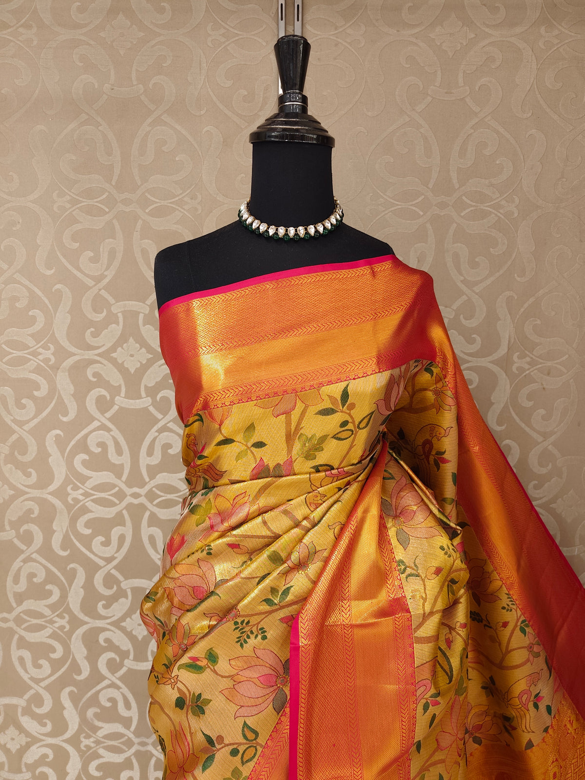 Golden Pure Kanjeevaram Silk Saree, With Unstiched Blouse