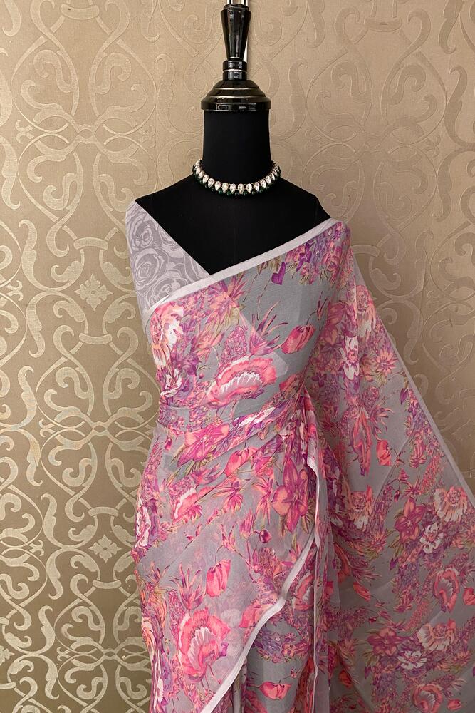 Grey Floral Printed Chiffon Saree, With Unstiched Blouse Piece