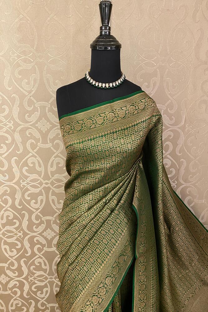 Deep Green Brocade Kora Banarasi Silk Saree, With Unstiched Blouse