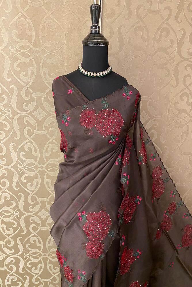 Dark Brown Organza Silk Embroidery Saree, With Unstiched Blouse