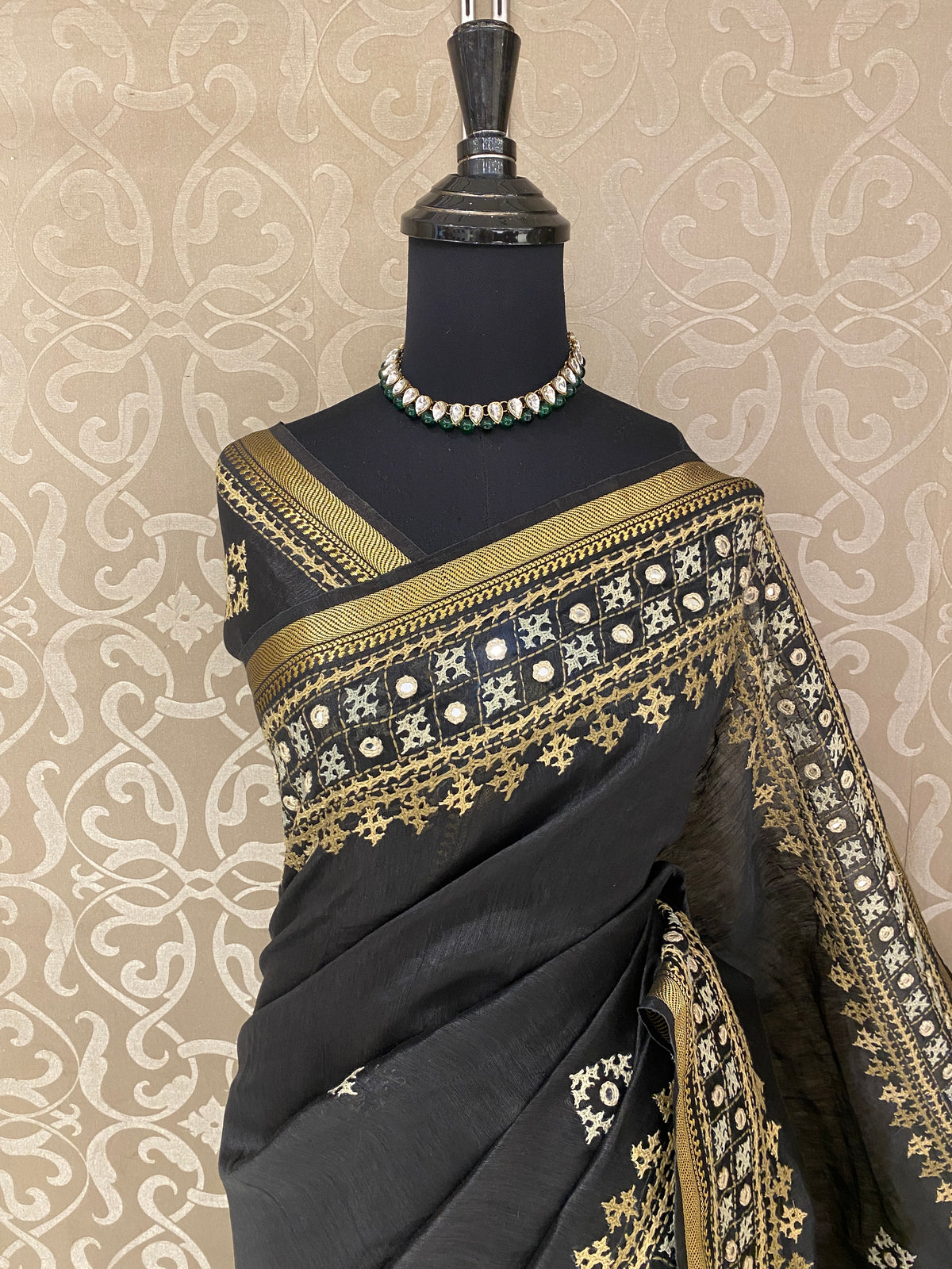 Black Linen Silk Saree Hand Embroidered Work, With Unstiched Blouse