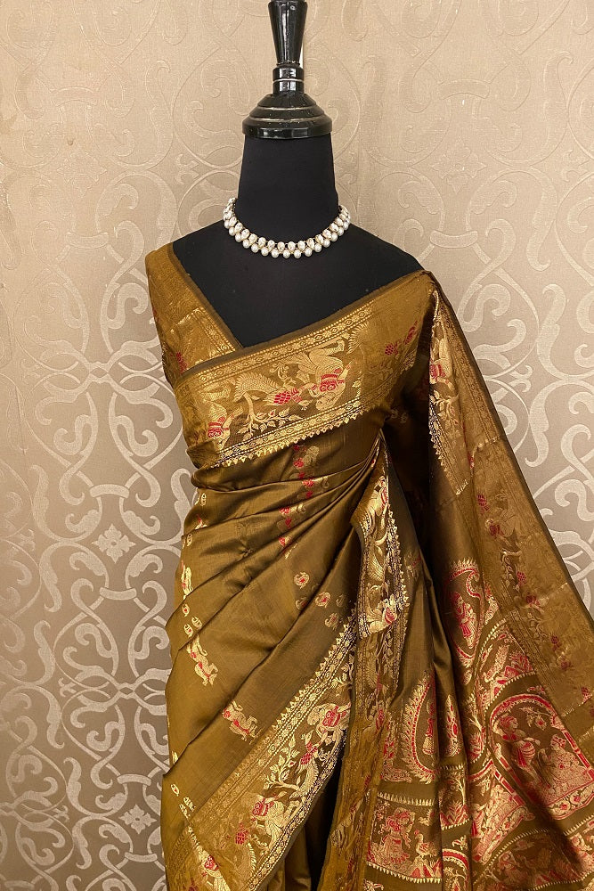 Golden Brown Hand Woven Baluchari Silk Saree, With Untiched Blouse
