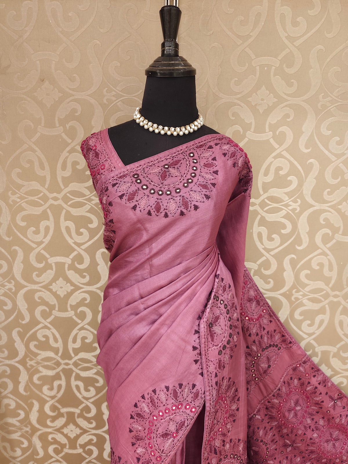 Onion Pink Tussar Hand Embroidery Saree, With Unstitched Blouse