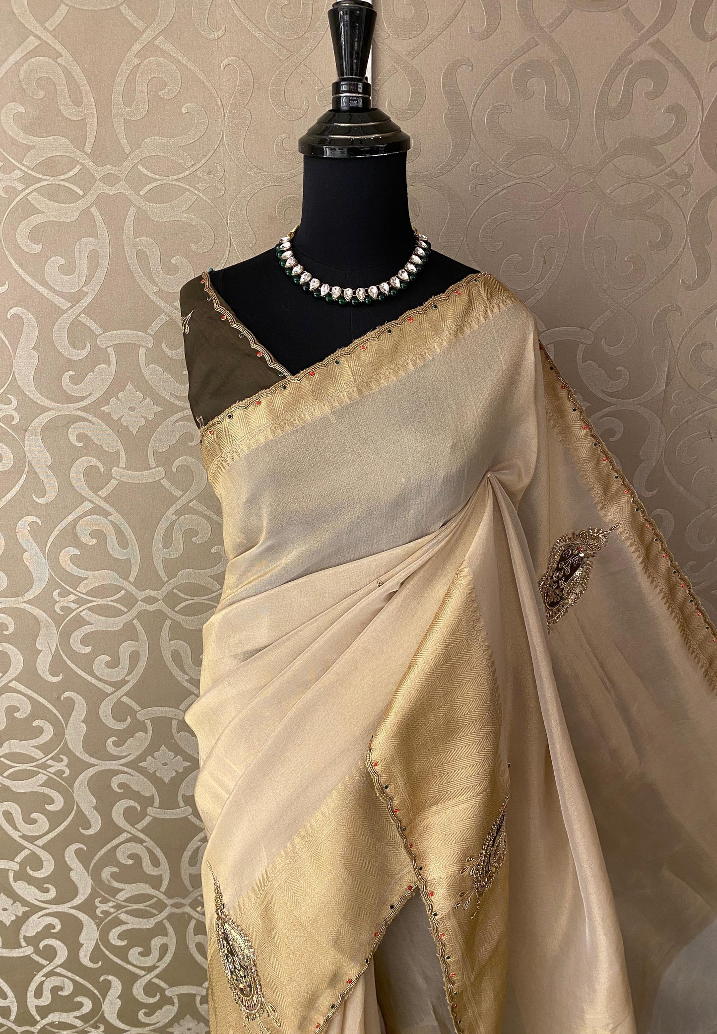 Offwhite Tissue Silk Embroidery Saree, With Unstiched Blouse