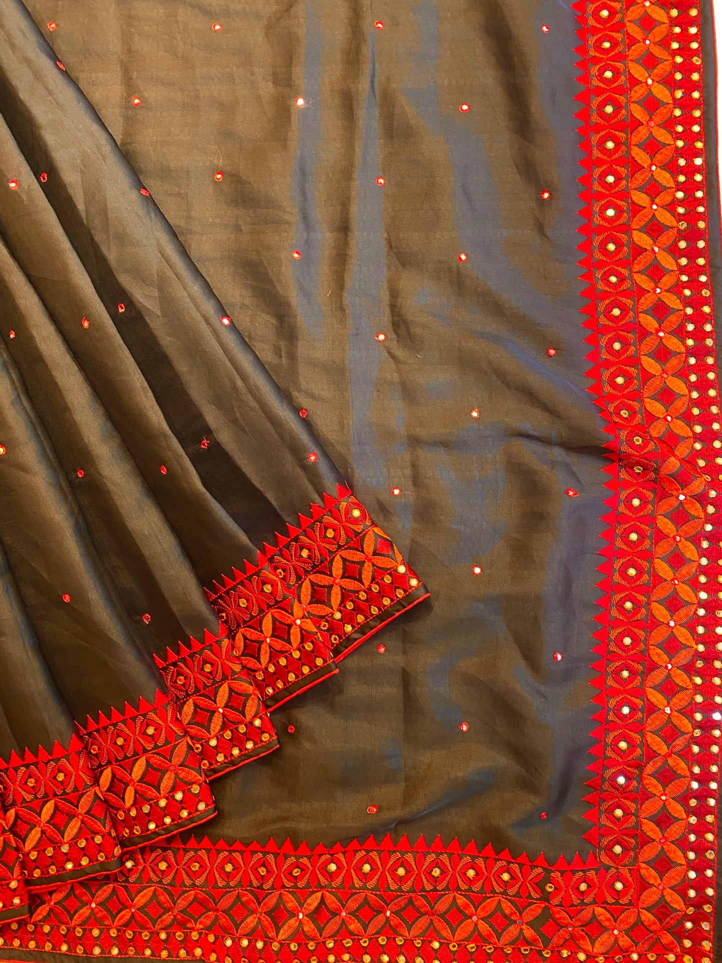 Black Semi Munga Silk Cross Stitch Embroidery Work Saree, With Unstiched Blouse