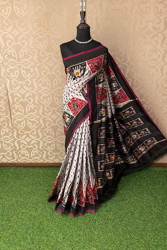 Multi Pochampally Ikat silk saree with vibrant geometric patterns and matching unstiched blouse, traditional Indian wear by Saarang Sarees