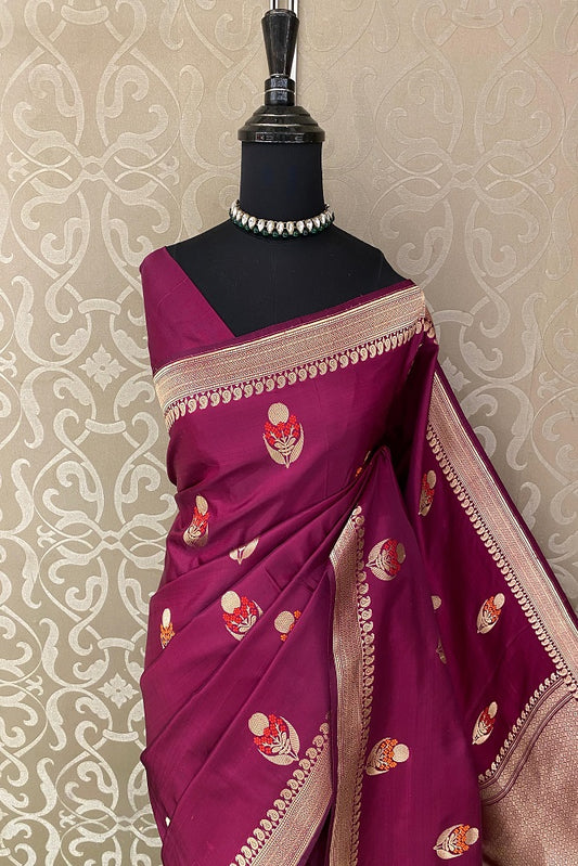 Deep Purple Katan Mashru Silk Banarasi Handloom Saree, With Unstiched Blouse