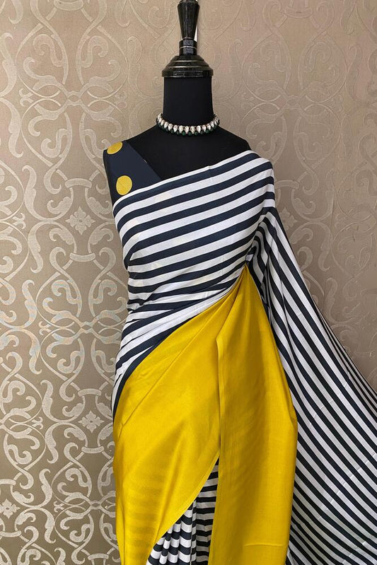 Zebra & Mustard Yellow Katan Mashru Silk Banarasi Handloom Saree, With Unstiched Blouse
