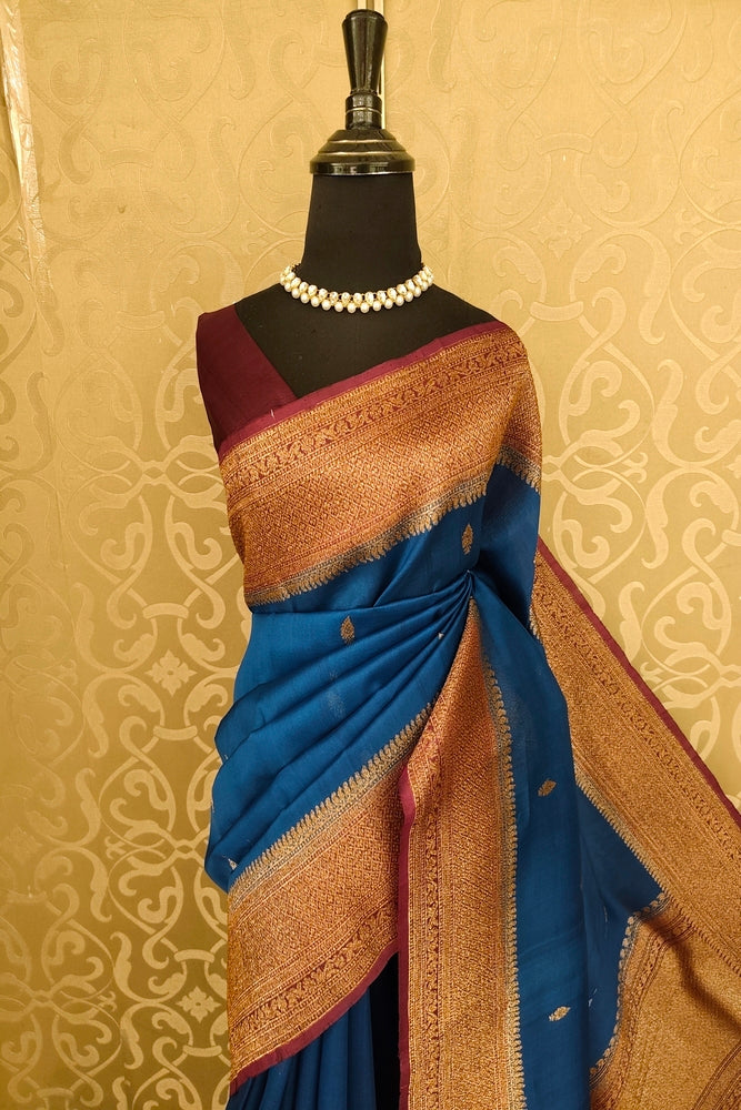 Royal Blue Kora Banarasi Silk Saree, With Unstiched Blouse