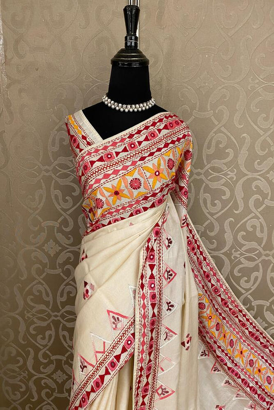 Off-White Tussar Kathiyawadi Work Saree, With Unstiched Blouse