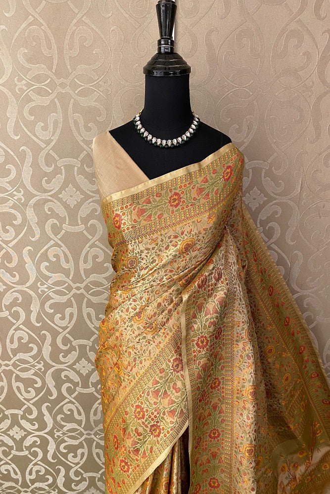 Beige Gold Tanchoi Silk Saree Self Weaving With Unstiched Blouse