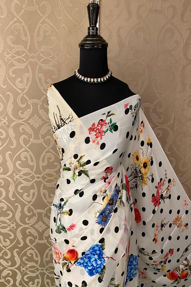 White Crepe Satin Printed Saree, With Unstitched Blouse
