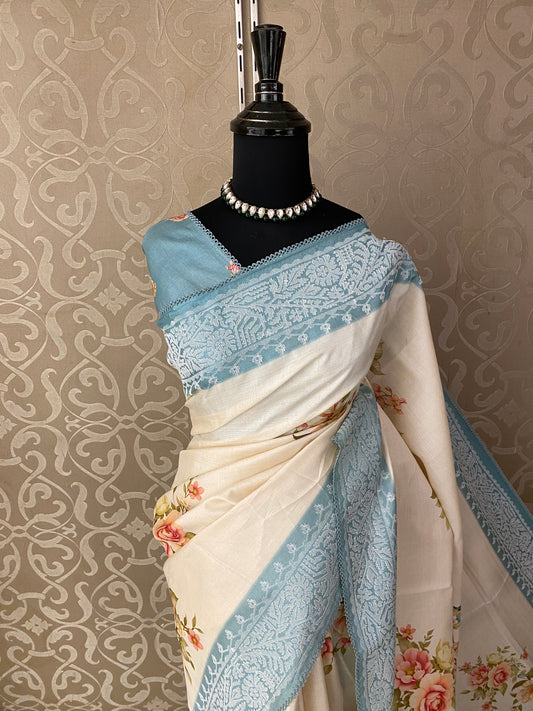 Off-White Tussar Resham Embroidery Saree, With Unstiched Blouse