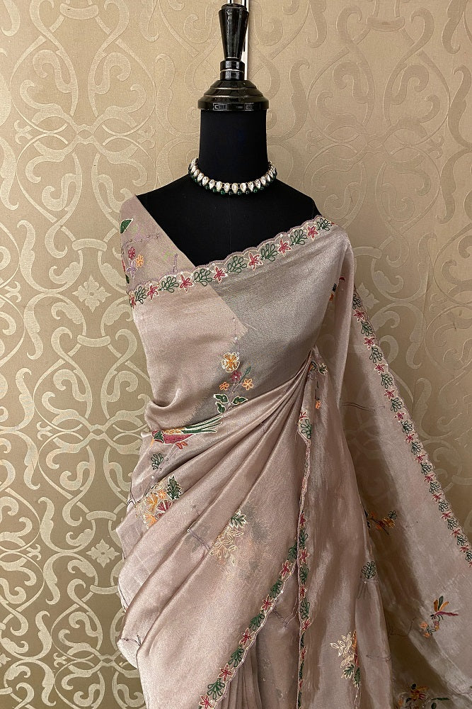 Grey Tissue With Aari Work Saree, With Unstiched Blouse