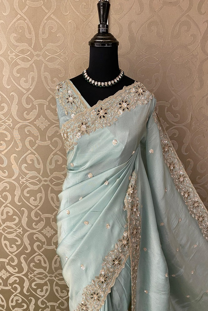 Sky Crepe Tissue Cutwork Saree, With Unstitched Blouse