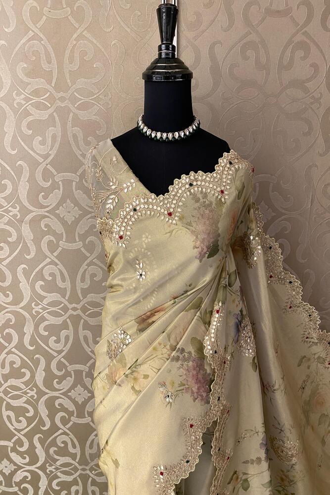 Golden Beige Soft Tissue Silk Embroidery Saree With Unstiched Blouse