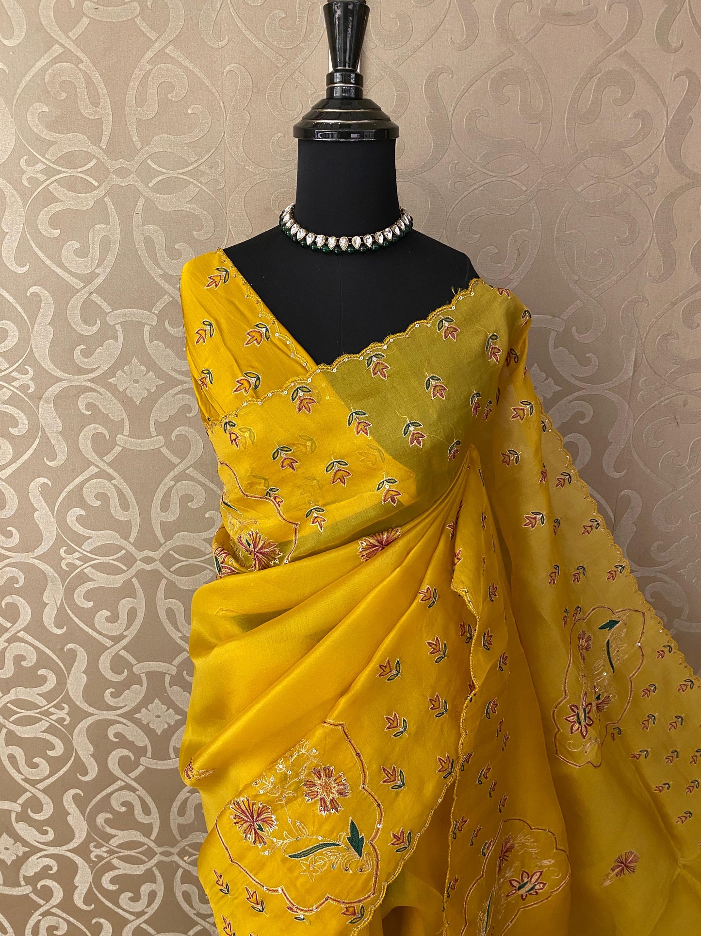 Yellow Organza Saree With Ari Work, With Unstitched Blouse