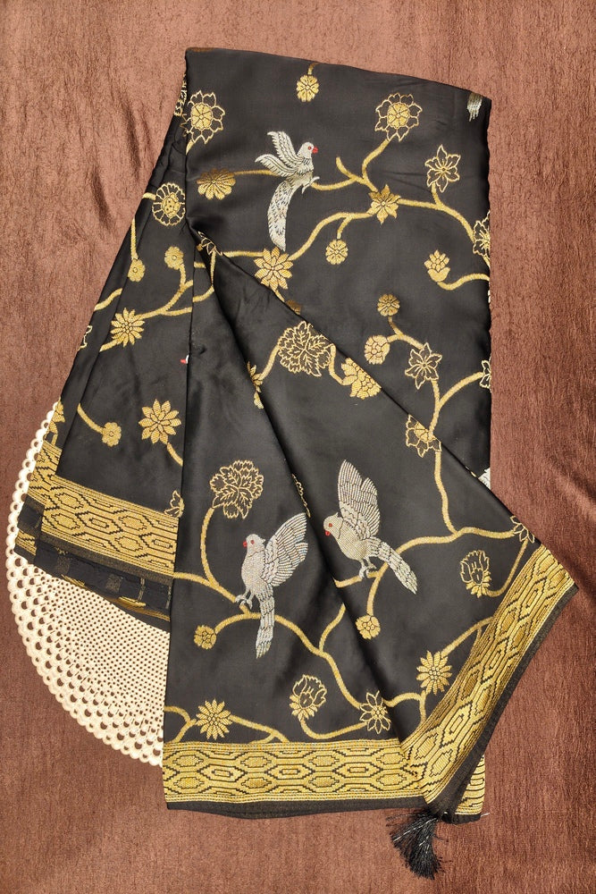 Black Semi Mashru Silk Sarees With Unstiched Blouse