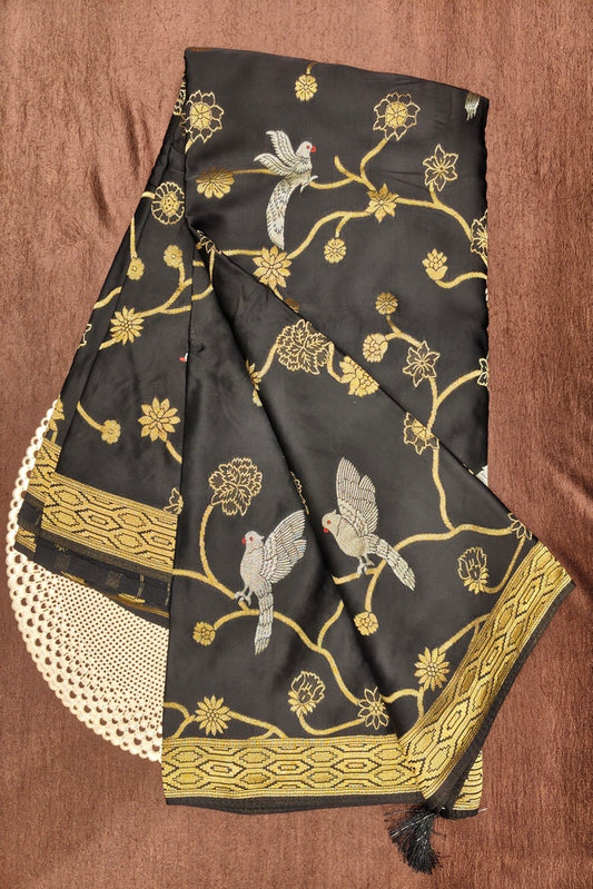 Black Semi Mashru Silk Sarees With Unstiched Blouse
