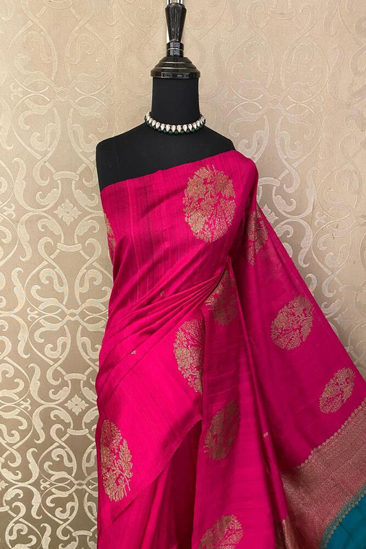 Magenta Pure Raw Tussar Banarasi Silk Saree, Hand Woven Motifs With Unstiched Blouse