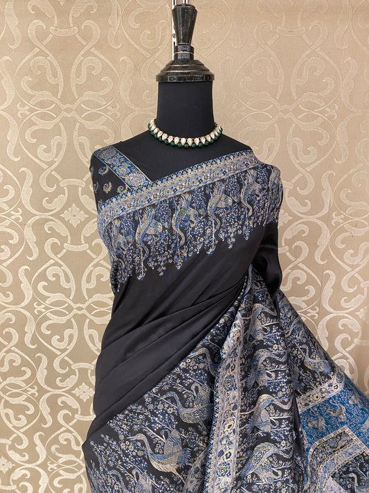 Black Pure Kani Handloom Silk Saree With Unstiched Jamewar Woven Blouse