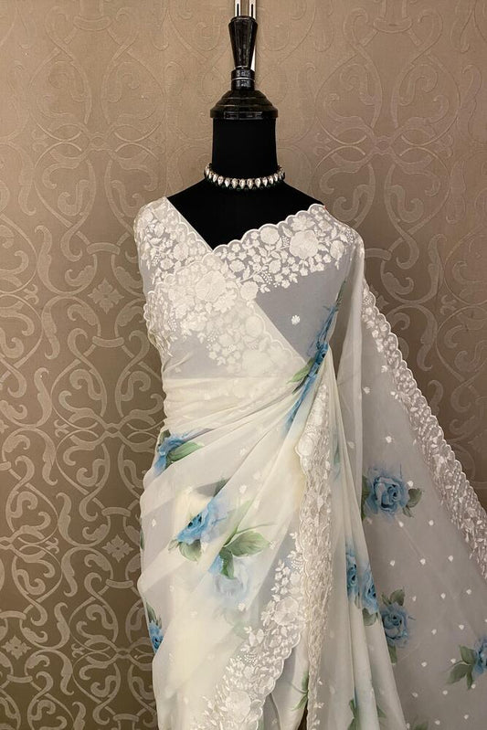Off-White Printed Georgette Saree With Resham Embroidery Work, With Unstiched Blouse