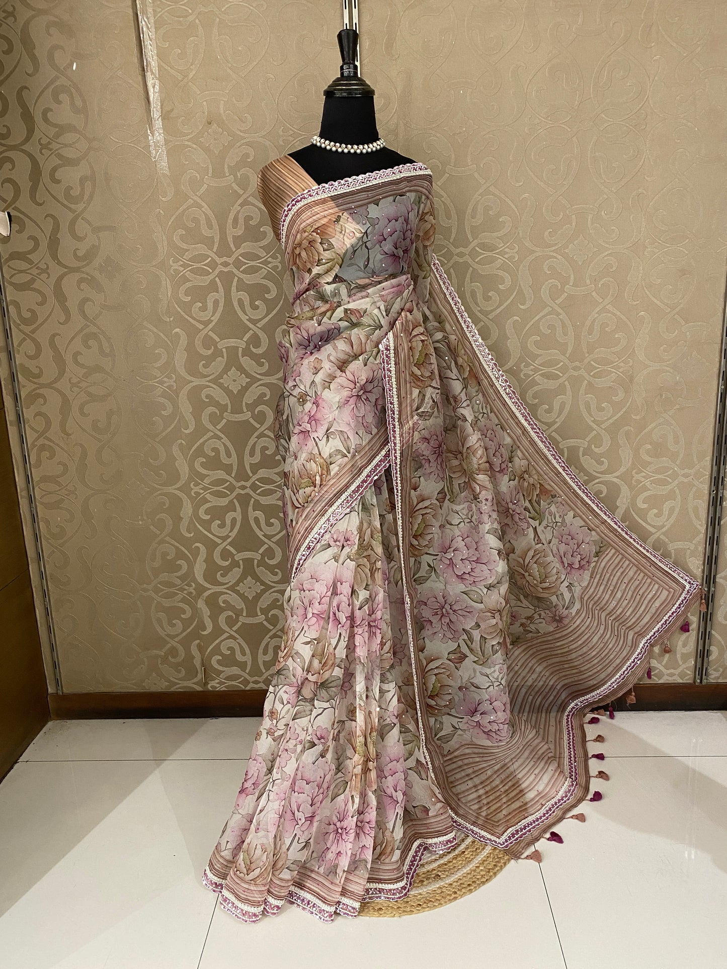 Multi Organza Saree With Perl Work, With Unstitched Blouse
