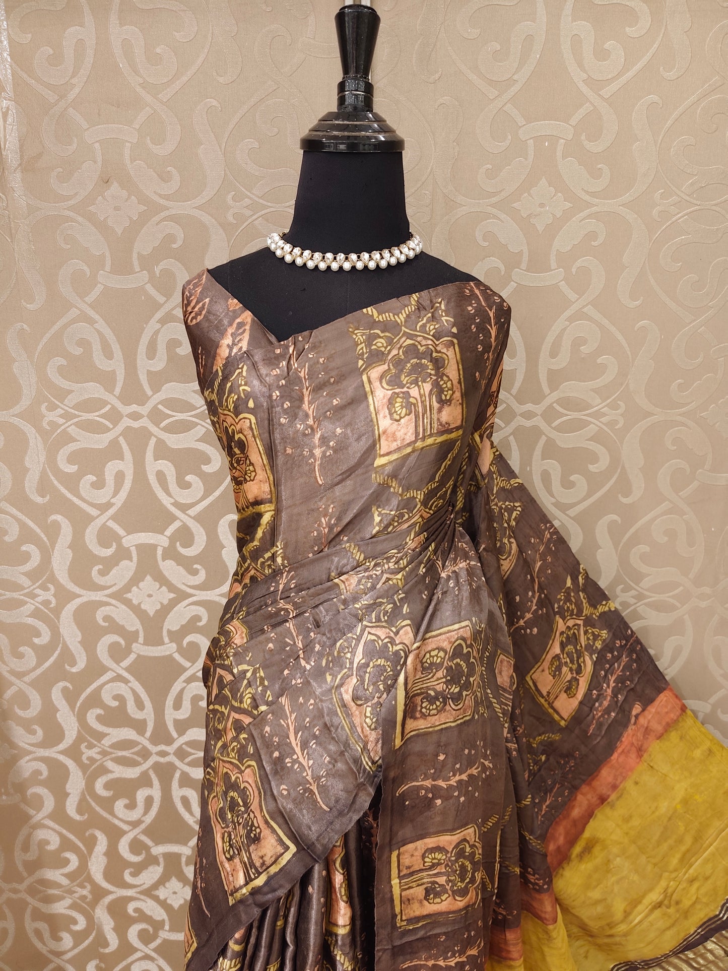 Brown Pure Modal Silk Ajrakh Printed Saree With Unstich Blouse