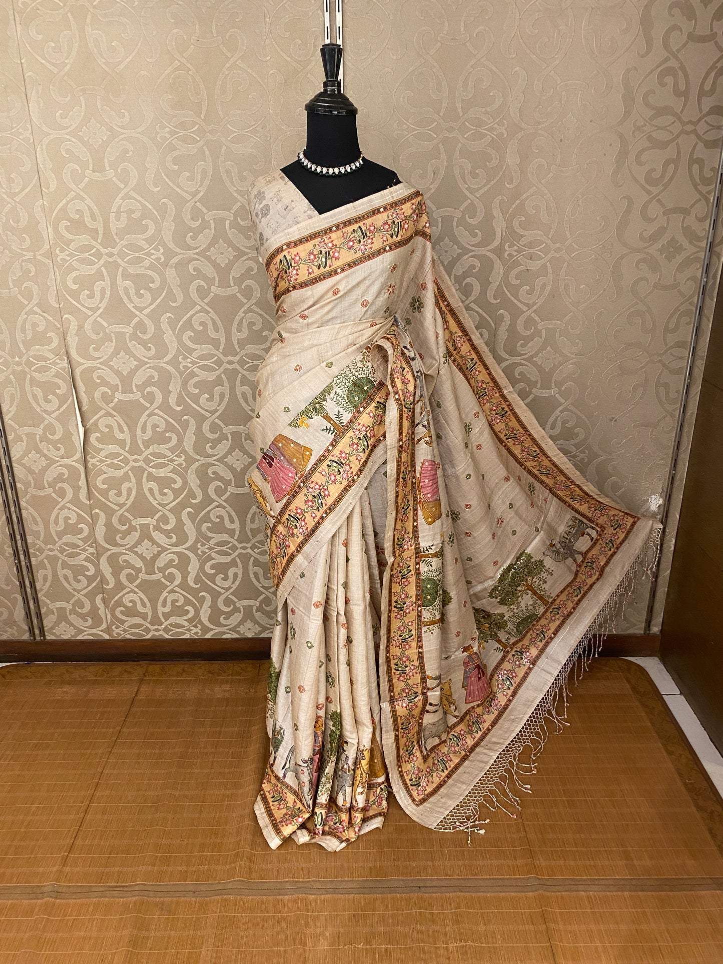 Beige Tussar Pichwai With Aari Work Saree, With Unstiched Blouse