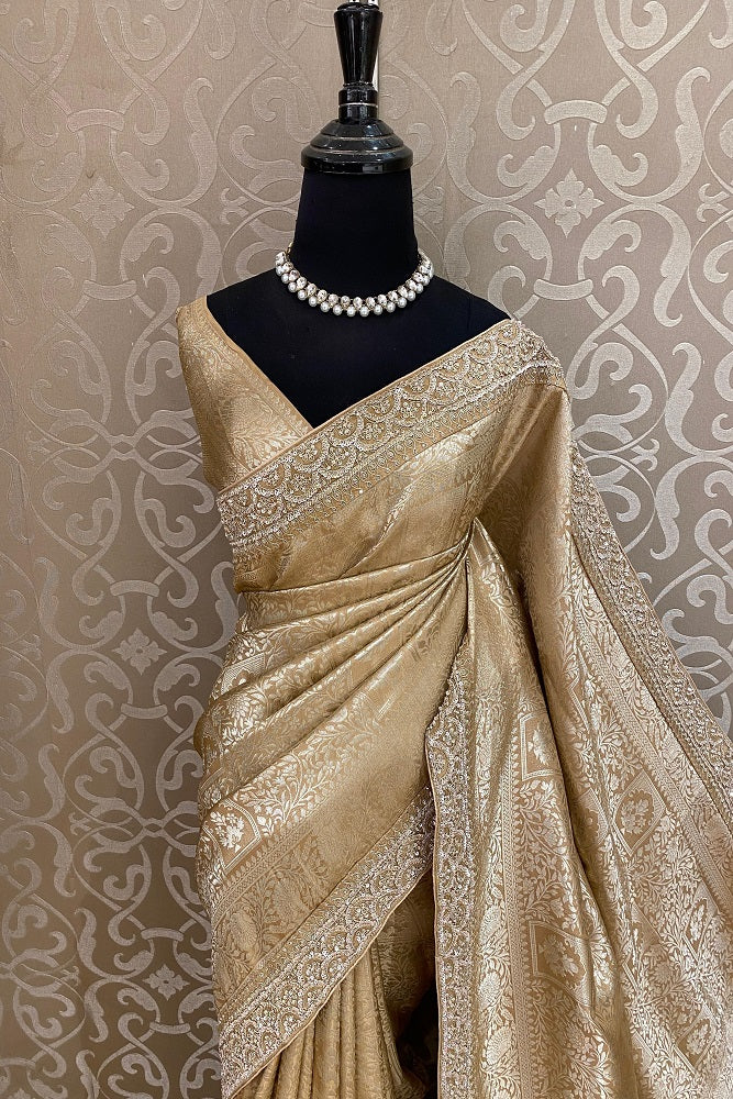 Beige Banarasi Silk Saree With Embroidery Border Work, With Unstiched Blouse
