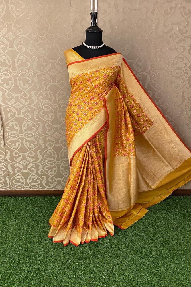 Mustard Yellow Banarasi Patola Silk Saree, With Unstiched Blouse