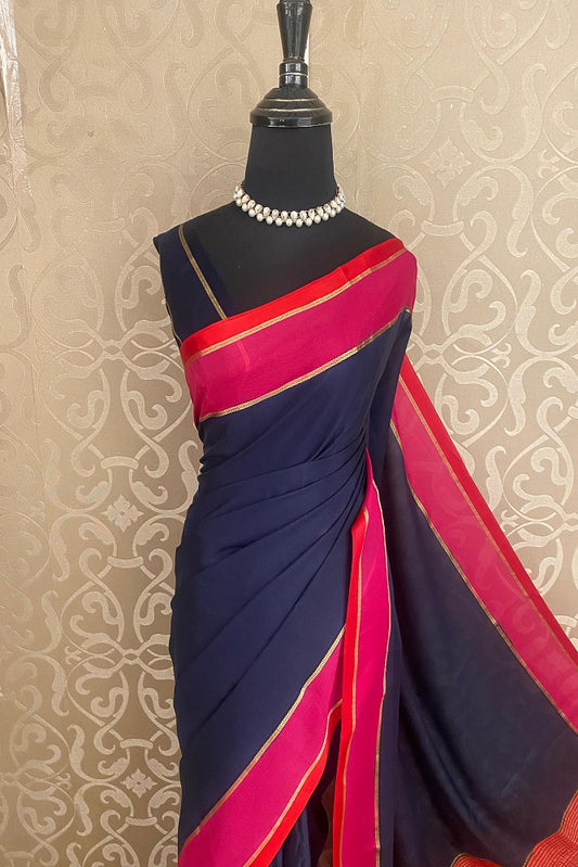 Dark Navy Blue Mysore Crepe Silk Saree With Unstiched Contrast Blouse