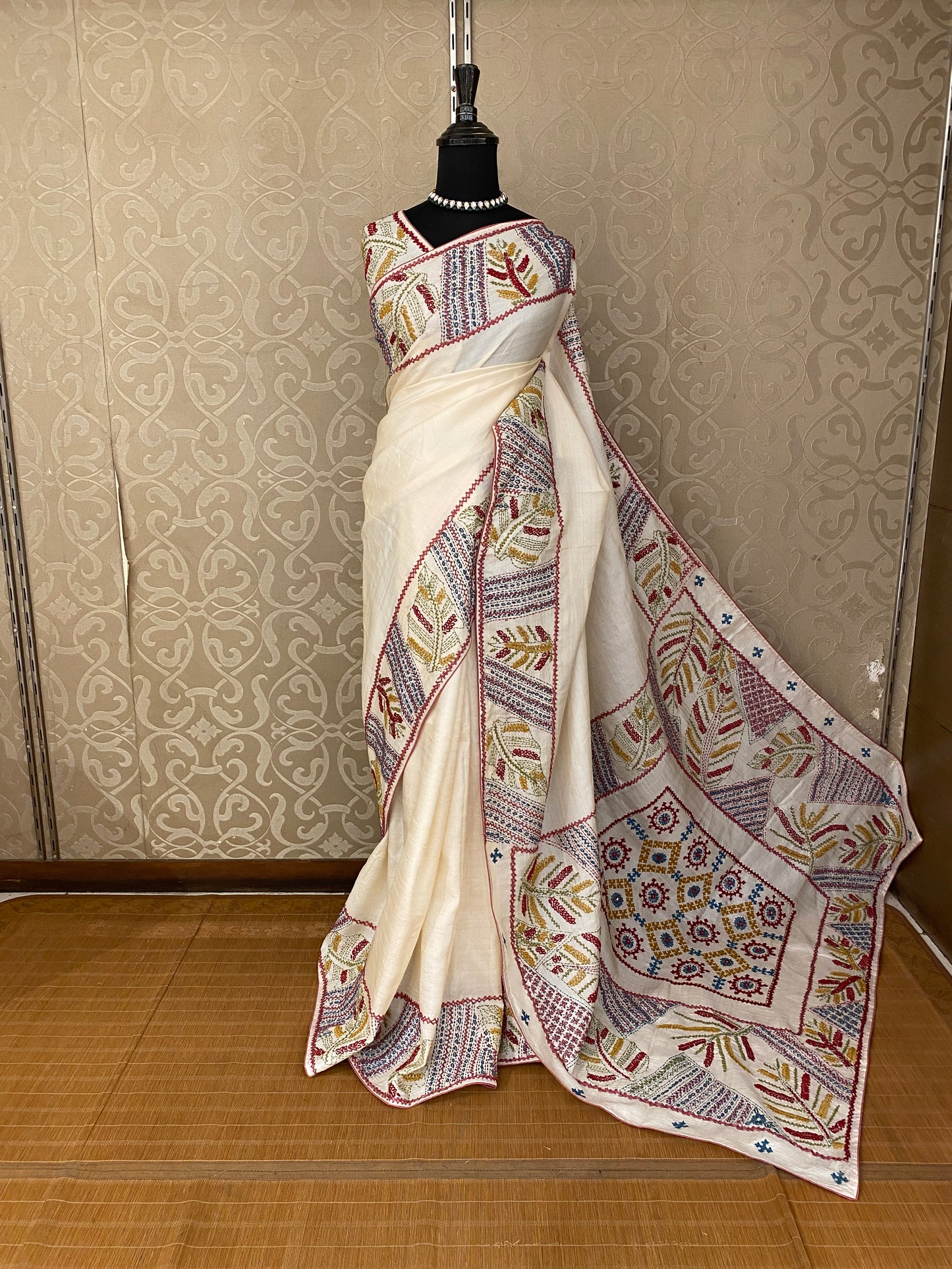 Off-White Tussar Embroidery Saree With Lambani Work Border, With Unstitched Blouse