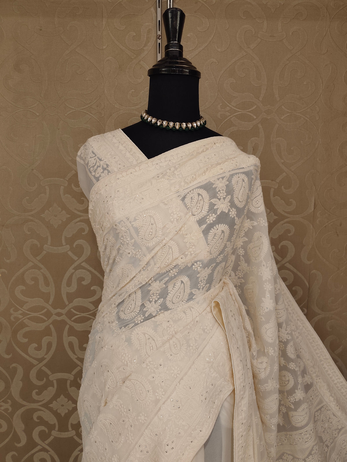 Off-White Georgette Chikankari Embroidery Saree, With Unstitched Blouse