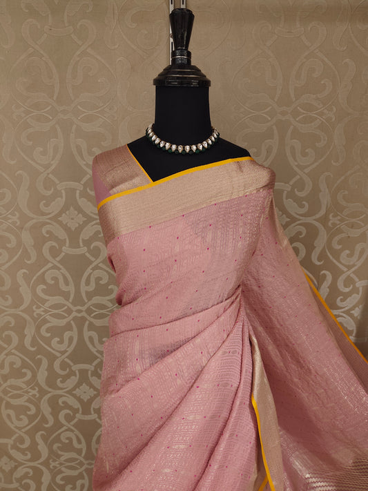 Pink Mysore Crepe Silk Banarasi Saree, With Unstiched Blouse