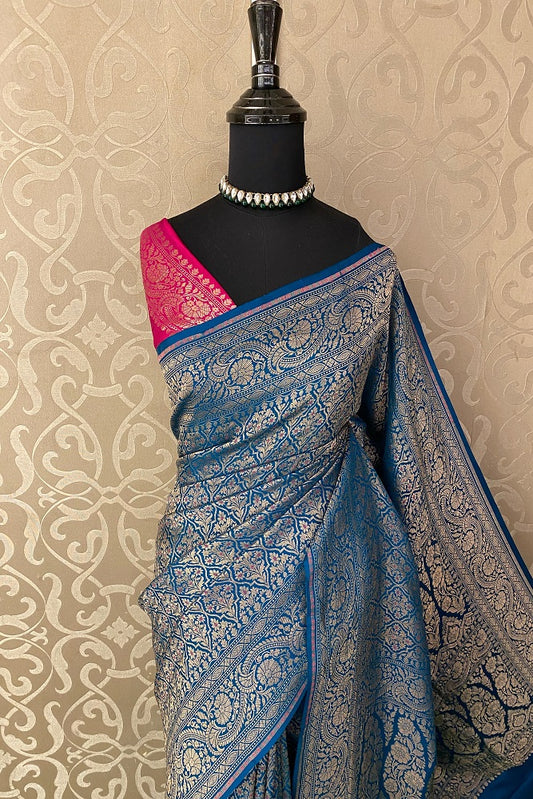 Royal Blue Mysore Crepe Saree With Meenakari Work, With Unstiched Blouse